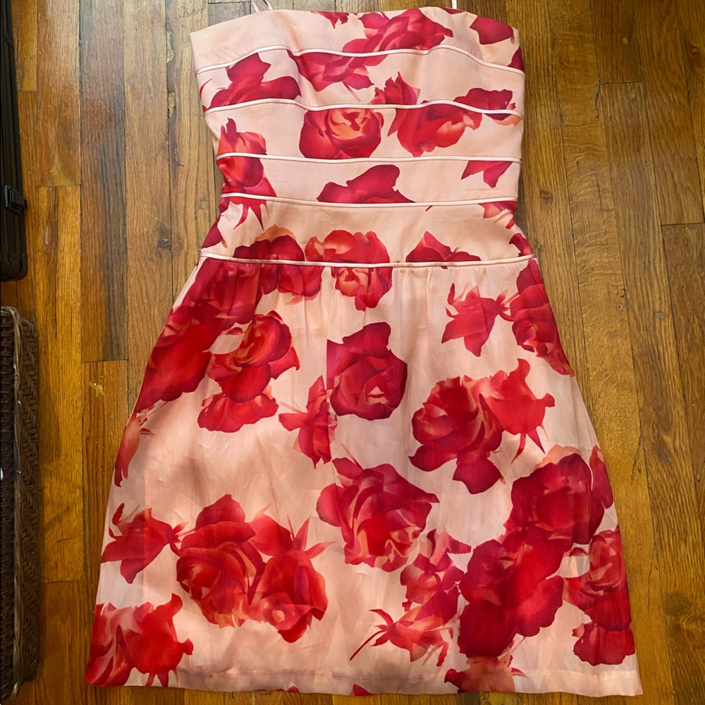 Strapless pink and red floral dress